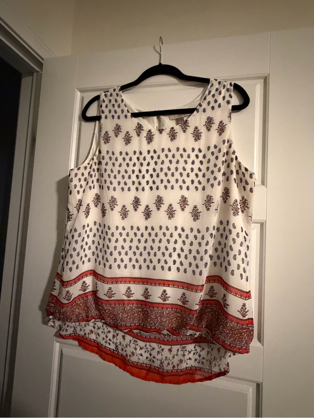 Roz & Ali White Tank Top with Navy and Orange Border Print